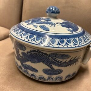 Vintage Blue and White Dragon Ceramic Dish with lid
